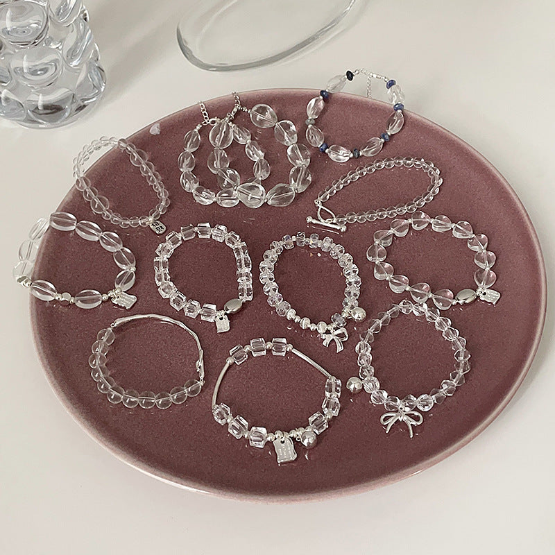 Luxury Transparent White Crystal Beaded Bracelet Set - Niche Design with Bow & Silver Charms, Elegant & Versatile Women’s Wristwear