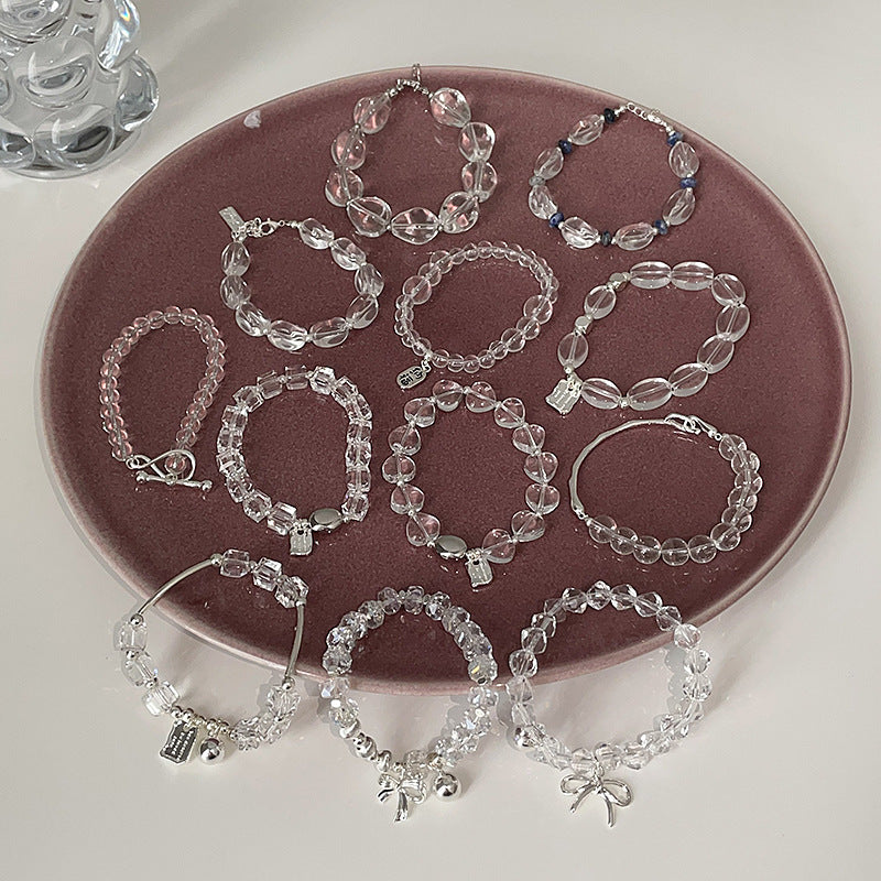 Luxury Transparent White Crystal Beaded Bracelet Set - Niche Design with Bow & Silver Charms, Elegant & Versatile Women’s Wristwear